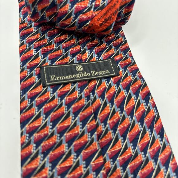 Ermenegildo Zegna Red Blue Waved Patterned 58"x3.5" Silk Tie - Picture 3 of 5